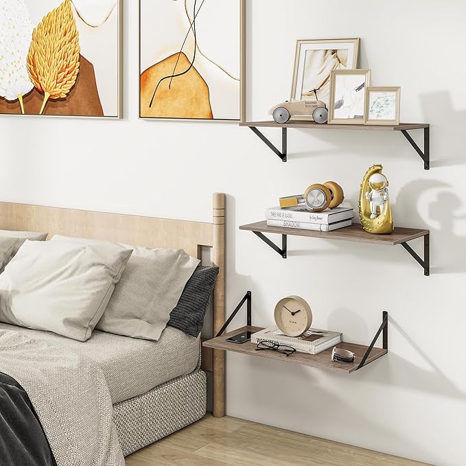 Heimlove 24" W x 12" D Wall Shelves for Books, 12 Inch Deep Floating Shelves Set of 3, Wide Floating Bookshelf with Metal Bracket for Living Room, Kitchen, Office, Bedroom and Decor Storage - Grey