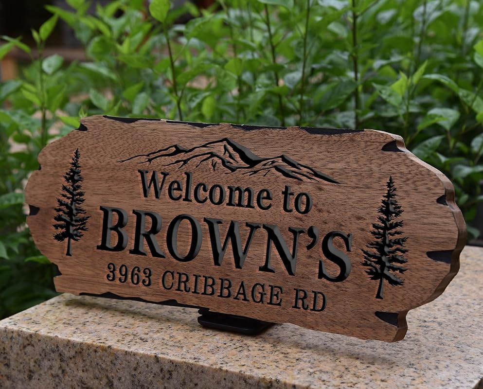 Personalized Cabin Sign - Rustic Wood Welcome Sign for Outdoor, Home Wall Decor,Farmhouse Decor, Custom Backyard Sign,Carved wood sign.3D Carving Wood Sign.