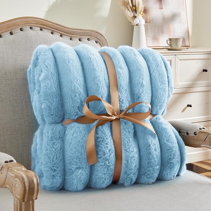 BEDELITE Faux Rabbit Fur Blanket, Luxurious 3D Striped Spring Blanket for Decor & Gift, Soft and Warm Plush Fluffy Faux Fur Throw Blanket All Seasons Suitable, (Light Blue, 50"x 60")