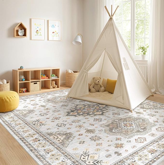 Washable Area Rugs for Living Room - 7x9 Neutral Vintage Distressed Floral Farmhouse Boho Large Soft Floor Rug Indoor Non Slip Carpet for Living Room Bedroom Dining Room Office - Blue Brown