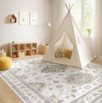 Washable Area Rugs for Living Room - 7x9 Neutral Vintage Distressed Floral Farmhouse Boho Large Soft Floor Rug Indoor Non Slip Carpet for Living Room Bedroom Dining Room Office - Blue Brown