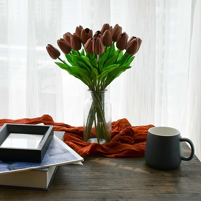 Mandy's Artificial Tulips 20 Stems Brown PU Faux Flowers for Wedding Home Decor 13.5 Inch