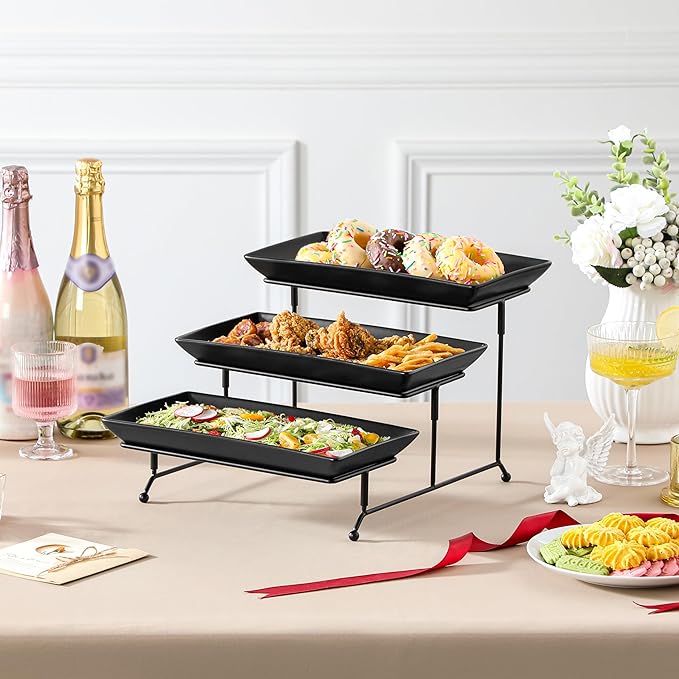 MALACASA 3 Tier Serving Trays for Party, Stoneware Serving Platters and Trays, 12 Inch Tiered Tray Stand, Fruit Tray, Trays for Serving Food, Black Dessert Stand with Collapsible Sturdier Metal Rack