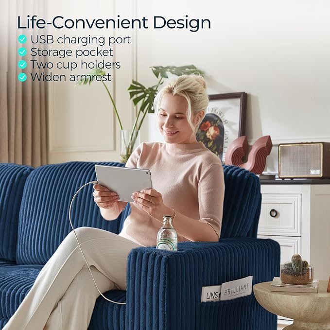LINSY HOME Loveseat Sofa with Storage - Comfy Plush Corduroy 2 Seater Sofa with USB Charging & Cup Holders, Deep Seat Love Seat for Small Spaces Living Room Bedroom Apartment, Blue