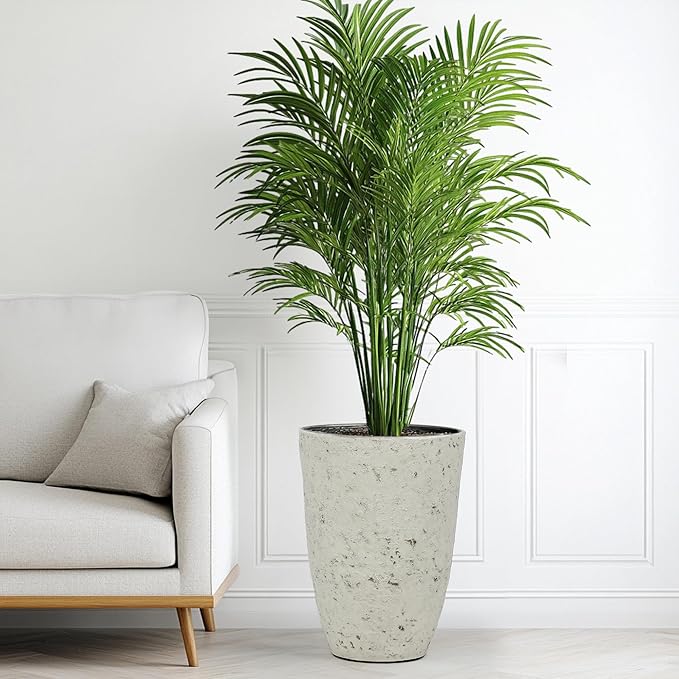 19.5" Resin Tall Planters for Outdoor Plants, Set of 2 Country White Large Flower Pots with Handmade Birch Bark Texture, Heavy-Duty and Weather-Resistant for Year Round Indoor Outdoor use