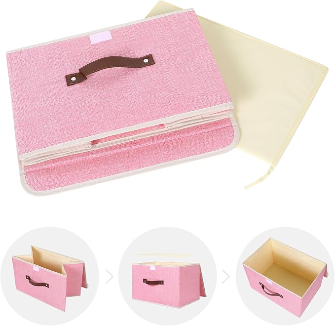 ANMINY 2PCS Storage Bins with Lid PU Leather Handles Storage Boxes PP Plastic Board Decorative Foldable Lidded Cotton Linen Fabric Home Cubes Baskets Closet Organizer Containers - Pink, Large Size