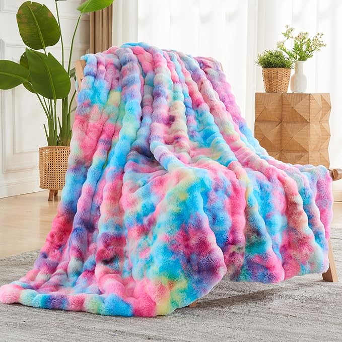 NEWCOSPLAY Faux Fur Throw Blanket Dark Rainbow Luxury Fluffy Thick Warm Bubble Blanket for Couch Sofa Bed 700GSM (Dark Rainbow, Throw(50"x60"))