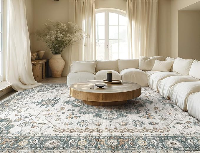 Washable Area Rugs for Living Room -10x12 Neutral Vintage Distressed Floral Farmhouse Boho Large Soft Floor Rug Indoor Non Slip Carpet for Living Room Bedroom Dining Room Office -Green/Grey