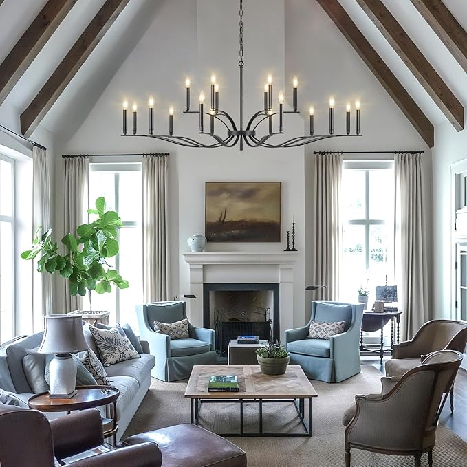 Black Living Room Chandelier 18 Light Hight Ceiling Foyer Candle Chandelier Large Dining Room Light Fixture Over Table 59in Metal Modern Chandeliers Hanging Light for Entry Master Bedroom