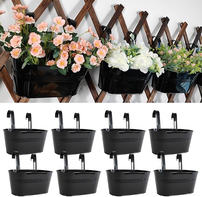 8 Pack Metal Hanging Planter for Outdoor Plants, 10 Inch Black Fence Planters Railing Pots for Garden Patio Balcony Decor, Flower Bucket with Detachable Hooks (Black, 8Pcs)