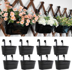 8 Pack Metal Hanging Planter for Outdoor Plants, 10 Inch Black Fence Planters Railing Pots for Garden Patio Balcony Decor, Flower Bucket with Detachable Hooks (Black, 8Pcs)