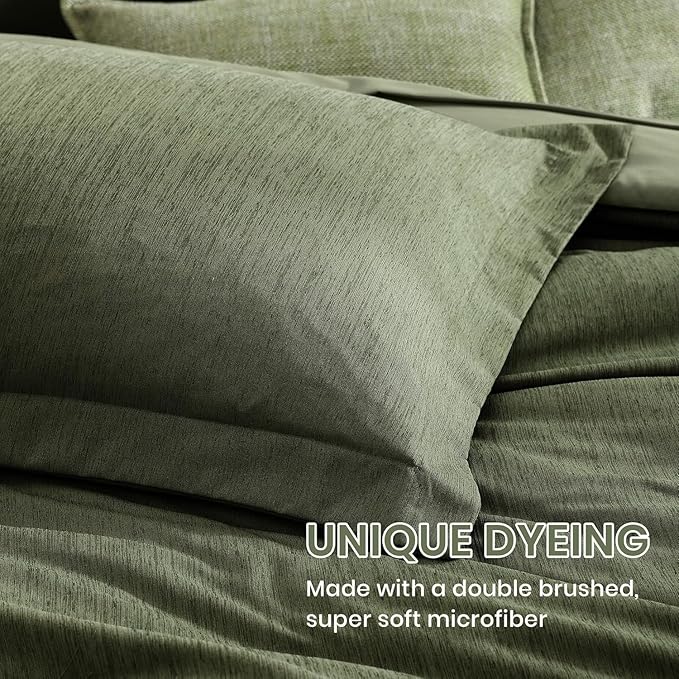 Monbix California King Comforter Set - 7 Pieces Cationic Dyeing Olive Green Bed in a Bag Cal King Bedding Sets with Comforter, Sheets, Pillowcases & Shams, Reversible Bedding Comforters Sets(108 * 92)