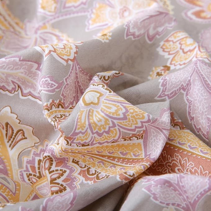 ABREEZE Paisley Bedding Sets 3Pcs Brushed Cotton Duvet Cover Set King Size Rustic Damask Gold Floral Comforter Cover with Zipper Closure Boho Bedding Collections