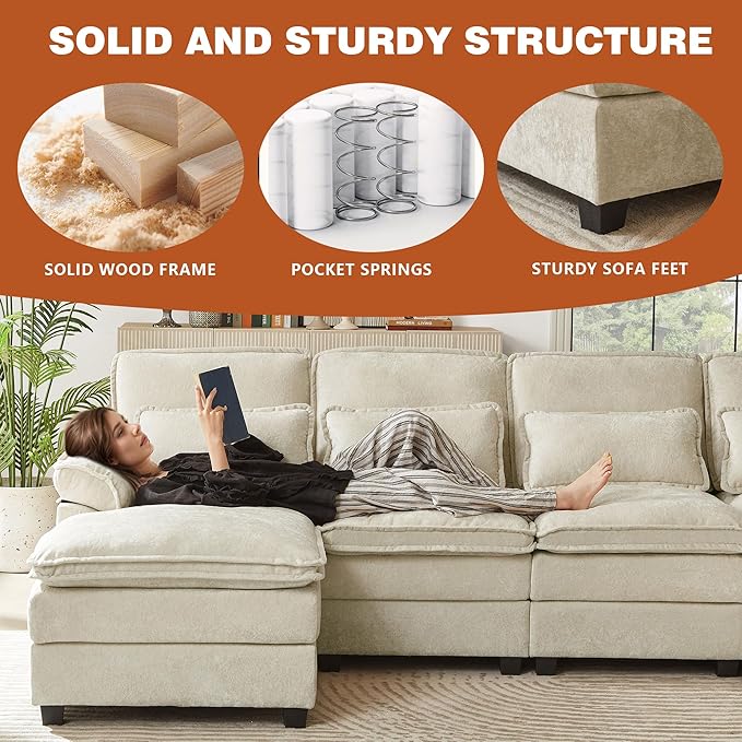 113" Oversized Cloud Couch, U Shape Sectional 4 Seat Sofa with Double Chaises, 2 Layer Cusions, Deep Seat Comfy Sofa, Upholstery Chenille Fabric for Living Room, Beige