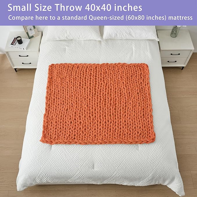 Bigacogo Chunky Knit Throw Blanket for Couch, 40x40 inches, 100% Hand Knitted with Thick Jumbo Chenille Yarn, Cozy Soft Large Rope Knot Cable Crochet Blankets for Sofa Bed Living Room, Terracotta