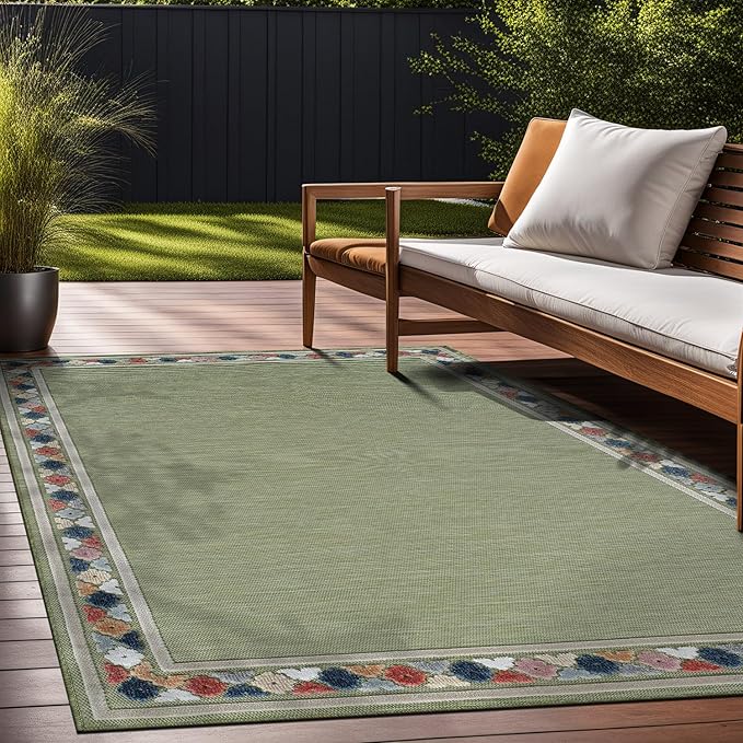 Beverly Rug Outdoor Rug 9x12 Modern Bordered Large Area Rugs for Indoor and Outdoor Patio Easy to Clean Non Shedding Living Room Porch Garden Washable Outside Carpet (9 x 12 Green)