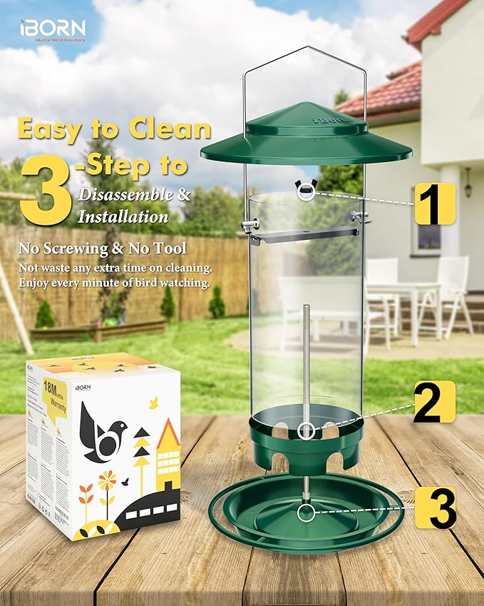 iBorn Metal Bird Feeders for Outdoors Hanging,Wild Bird Feeders for Cardinal,18cm Large Roof&Tray New Green 6 Port (Seed is not Included)