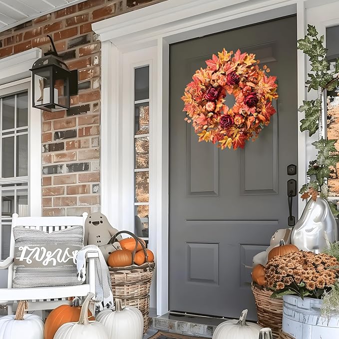 26'' Large Fall Wreath for Front Door, Autumn Wreaths for Outdoor Home Decor - Farmhouse Wreath with Maple Leaves, Pumpkins, Roses, Thanksgiving Decoration, Rustic Harvest Festival Door Hanging
