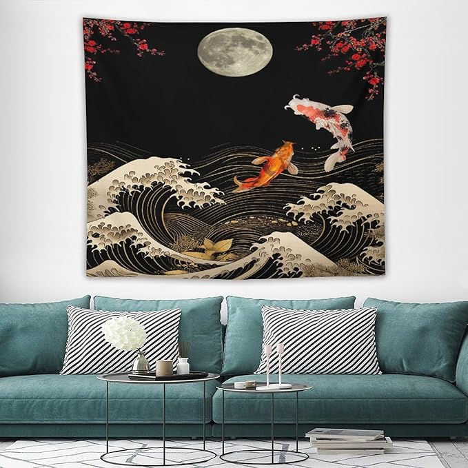 Houselerax Koi Fish Tapestry, Japanese Style Yin Yang Big Wave Cherry Blossom Tapestries Wall Hanging for Bedroom Living Room Office Decor 60"x50"