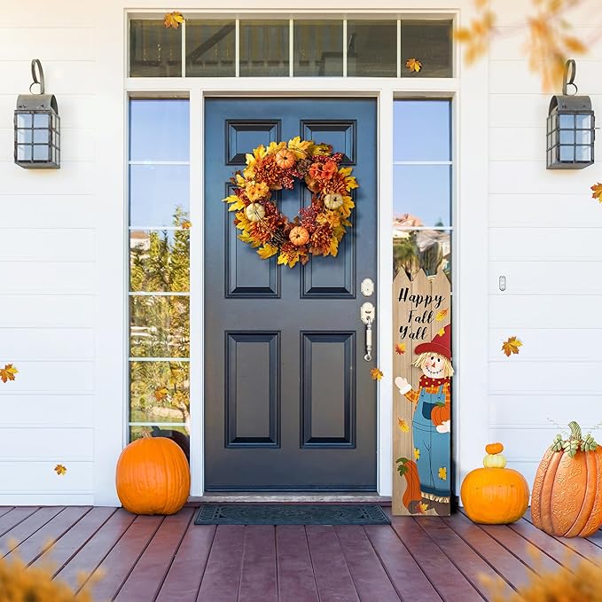Glitzhome 24 inch Artificial Fall Wreath Decor, Autumn Maple Leaf Wreath for Front Door with Dahlia Pumpkin, Leaf and Berry Wreaths for Autumn Harvest Thanksgiving Halloween Decor