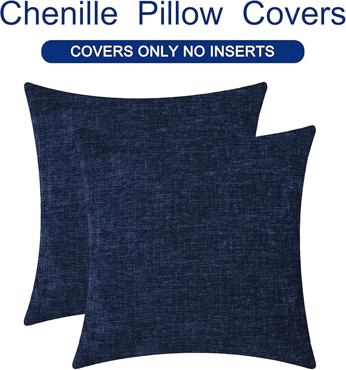 CaliTime Throw Pillow Covers Decorative 24 X 24 Inches Pack of 2 Cozy Chenille Cushion Cases for Couch Sofa Bed Living Room Home Navy Blue