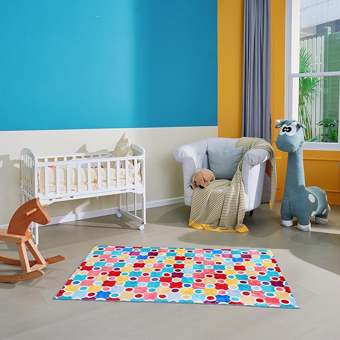 Machine Washable Polka Dot Colorful Nursey/Kids Area Rug - Multicolor - 9x12