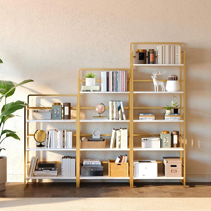 4NM No Assembly Foldable Bookshelf, 4-Shelf Collapsible Bookcase Storage for Small Spaces, 54" H, White and Golden