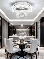 Flashing God Modern Crystal Chandeliers Dia 24" Silver Chandelier Flush Mount Ceiling Light for Bedroom Living Room Dining Room Hallway Dimmable 3 Rings LED Celing Lighting Fixtures