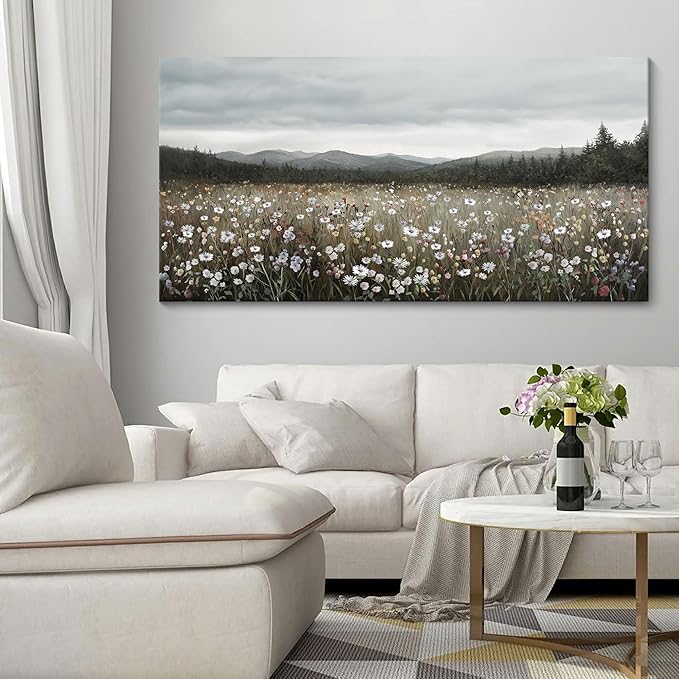 HGUAOA Vintage Landscape Wall Art for Bedroom and Living Room - Large Floral Artworks Farmhouse Wall Decor - Framed Neutral Nature Pictures - Above Bed Decor with Mountain Scenery 24×48IN