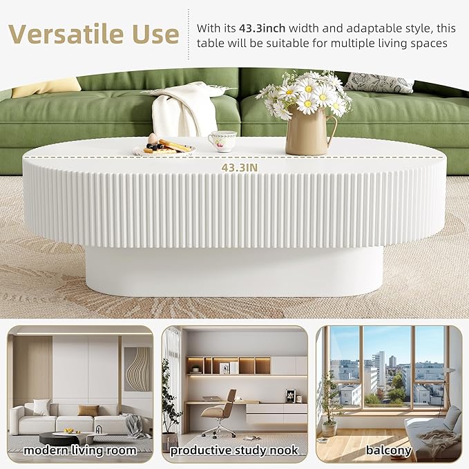 43.3" Oval Fluted Coffee Table Modern Elegant Drum End Table, Minimalist Center Table 7.8" Thick Tabletop with Sturdy Base for Living Room, Bedroom, Apartment,Easy Assembly, White