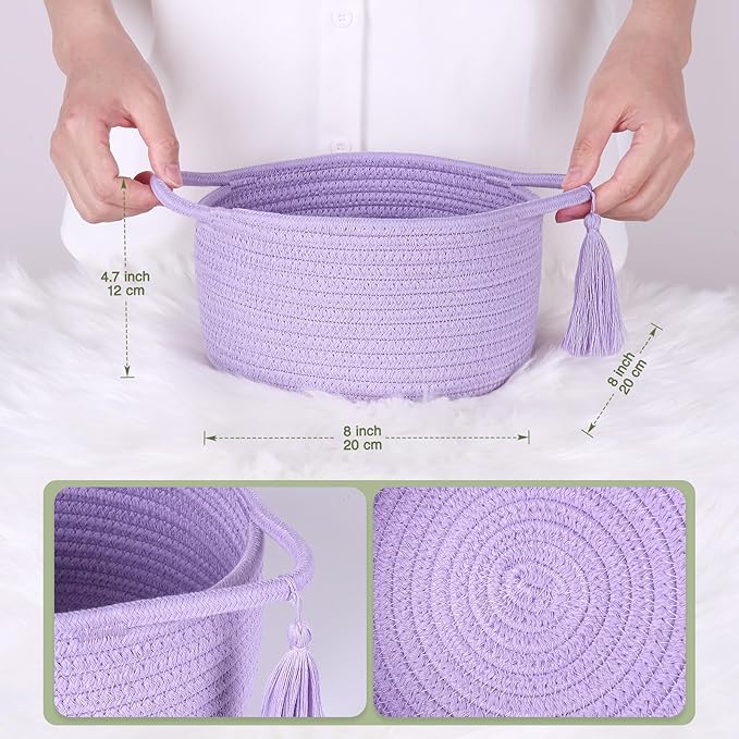Small Purple Basket, Cute Woven Gift baskets with Cellophane Wrap set for Girl, Decorative Cotton Rope Container Bin, Little Makeup Brushes Holder for Bathroom Counter, Vanity, Cosmetics – lavender