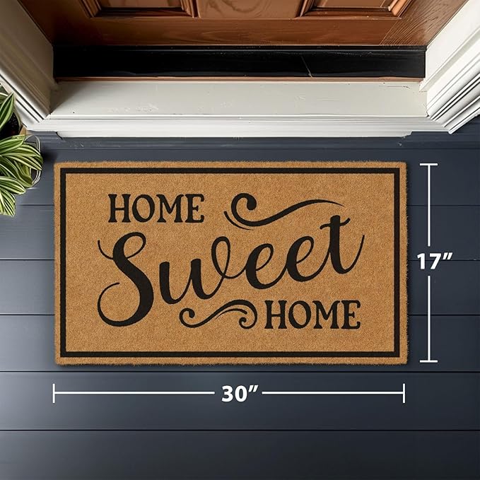Barnyard Designs Natural Coco Coir Heavy Duty Backing Doormat - Large Cute Non-Slip Front Door Welcome Mat for Outside Entrance or Porch Entry, Brown (17x30, Home Sweet Home)