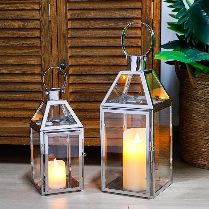 TRIROCKS Set of 2 Stainless Steel Decorative Lanterns 13"&10" H Metal Candle Holders with Tempered Glass for Home Decor Living Room Parties Events Tabletop Indoors Outdoors(Silver)