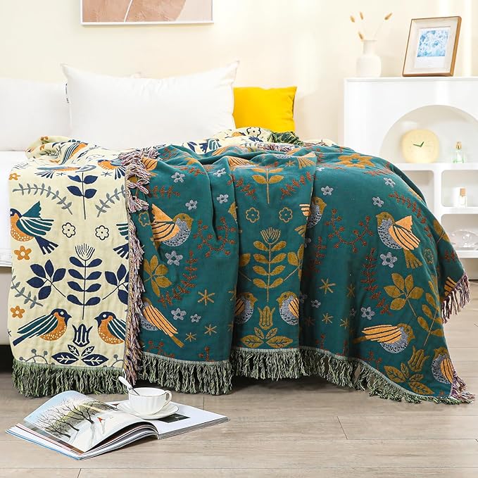 Boho Throw Blanket for Bed Couch 100% Cotton Woven Bed Throws for All Season Lightweight and Soft Cozy Farmhouse Reversible Muslin Decorative Blanket for Travel Picnic, Teal/Cream, 60''x80''