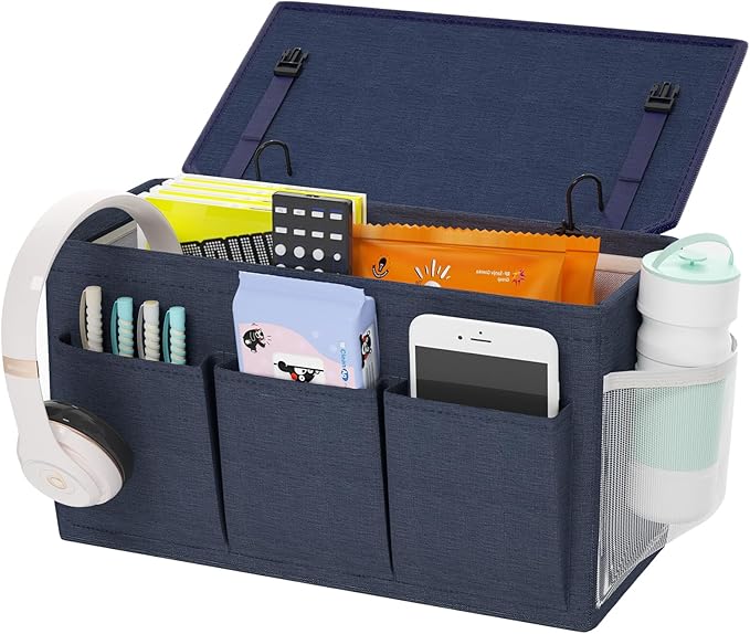 Dual-purpose Bedside Caddy Bedside Organizer, Bed Caddy with 6 Pockets, Versatile Bedside Storage Solution Magazine Remotes holder, ideal for Home, Dorm, Hospital, Crib Bed (Navy)