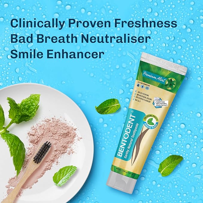 Bentodent Remineralizing Food Grade Organic Calcium Bentonite Clay Toothpaste Fluoride Free Natural Toothpaste for Adult & Kids - Mineral Toothpaste Sensitive Teeth Whitening (Premium Mint)