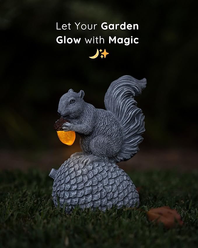 Solar Garden Statue – Hand-Painted Resin Squirrel on Pinecone with Glowing LED Acorn – Charming Yard, Patio & Balcony Decor – Gift for Mom, Grandma & Garden Lovers