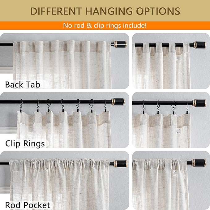 MYSKY HOME Linen Curtains for Living Room, Natural Semi Sheer Curtains & Drapes Light Filtering Farmhouse Country Boho Style Back Tab Draperies for Sliding Glass Door (Customsize, Linen)