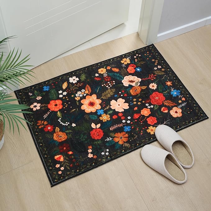 Door Mat Indoor Entrance 2x3 Rug Machine Washable Boho Floral Small Area Rug Non-Slip Low Pile Throw Rugs for Entryway, Kitchen, Front Door Indoor Entrance, Entry, Kids Room (Black)