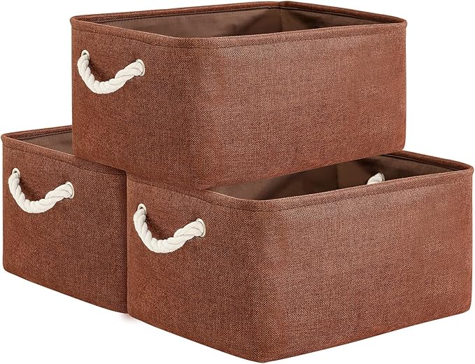 TheWarmHome Decorative Basket Rectangular Fabric Storage Bin Organizer Basket with Handles for Clothes Storage (Brown,Large-3Pack,15.7L*11.8W*8.3H)