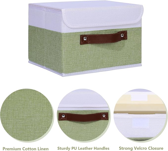 ANMINY 4PCS Storage Boxes with Lid Washable Decorative Storage Bins Basket with PU Leather Handle Foldable Linen Fabric Storage Cubes Containers for Home Closet Organizer - Green White, Small Size