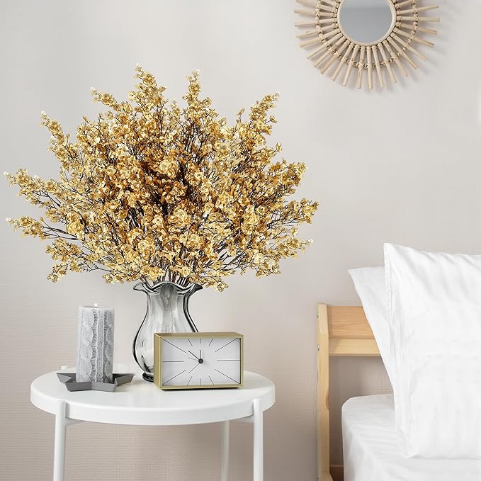Sggvecsy 15 Pcs Babys Breath Artificial Flowers Gypsophila Bouquets Bulk Real Touch Fake Silk Flowers for Home Wedding DIY Floral Arrangement Kitchen Table Centerpiece Christmas Decoration (Gold)