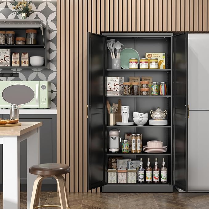 Kitchen Pantry Cabinet,71”Black Metal Pantry Storage Cabinet with Doors and 4 Adjustable Shelves,Kitchen Cabinet with 2 Gold Handles,Tall Cabinet for Livingroom,Pantry, Bathroom