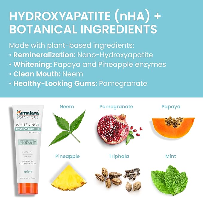 Himalaya Botanique Whitening + Hydroxyapatite Toothpaste for Whiter Teeth & Fresher Breath, Fights Plaque with Hydroxyapatite Support & Mint Flavor, Fluoride Free, SLS Free, & Vegan, 4.0 oz, 4 Pack