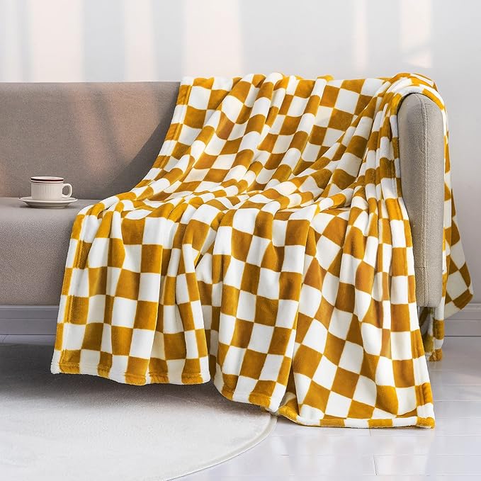 LOMAO Throw Blankets Flannel Blanket with Checkerboard Grid Pattern Soft Throw Blanket for Couch, Bed, Sofa Luxurious Warm and Cozy for All Seasons (Yellow, 60"x80")
