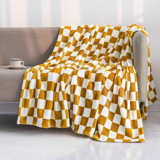 LOMAO Throw Blankets Flannel Blanket with Checkerboard Grid Pattern Soft Throw Blanket for Couch, Bed, Sofa Luxurious Warm and Cozy for All Seasons (Yellow, 60"x80")