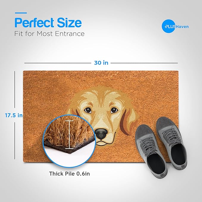 PLUS Haven Coco Coir Door Mat with Heavy Duty Backing, Natural Welcome Bull Dog Doormat, 17.5”x 30” for Entrance, Front Porch, Easy to Clean Entry Mat, Outdoor and Indoor Uses