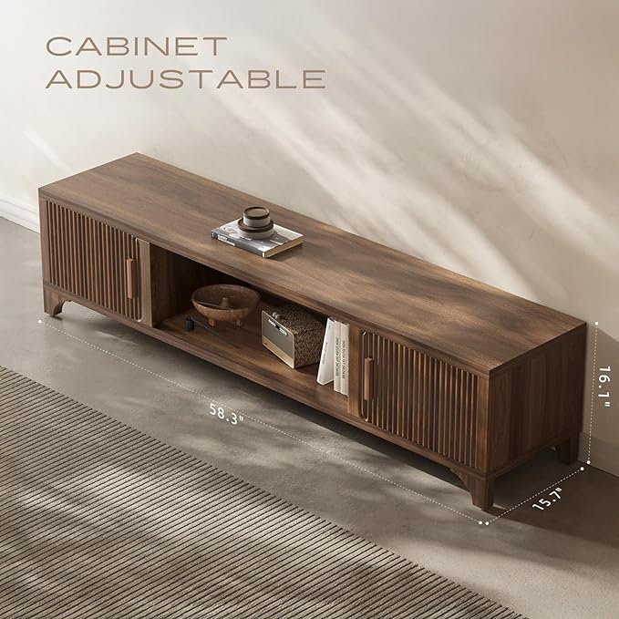 Mid Century Modern TV Stand for 55/65 Inches Television Console with Fluted Doors and Storage Entertainment Center for Living Room and Bedroom Dark Brown