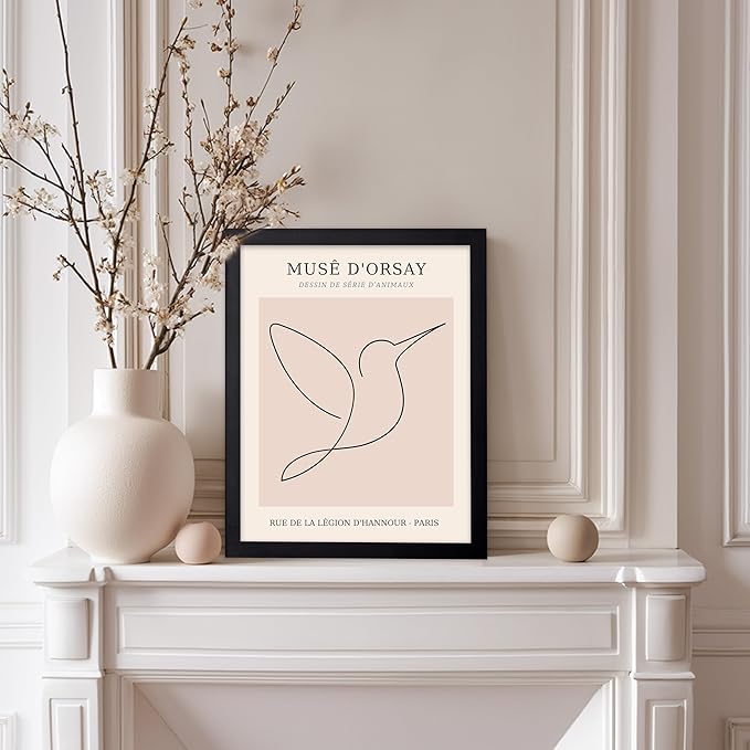 Poster Master Vintage Poster - Retro One Line Hummingbird Drawing Print - Bird Line Art - Minimal Gift for Him, Her, Animal Lover - Abstract Decor for Home, Office, 8x10 Black Framed