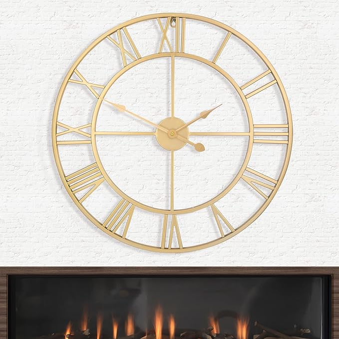 LEIKE Large Modern Wall Clocks,32" Gold Metal,Rustic,Round,Nearly Silent,Little Ticking,Battery Operated Roman Numerals Clock for Living Room/Bedroom/Kitchen Wall Decor-(Gold, 80cm)